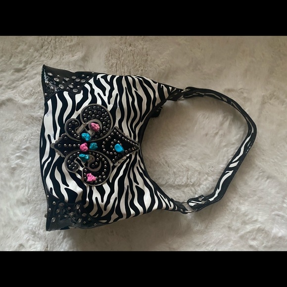 Hobo Shoulder Bag Zebra Print with Patent Black, Rhinestones, Turquoise & Pink - Picture 3 of 16